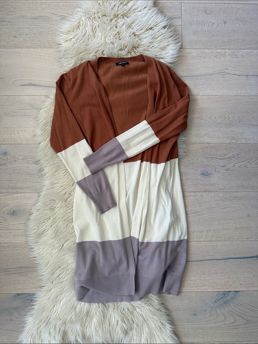 Colorblock Long Open Front Cardigan - Rust, Cream & Mauve
